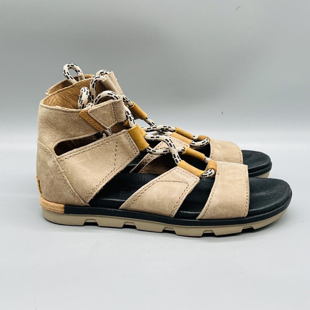 Sorel Sandals Womens 7 Beige Suede Gladiator Hook & Loop Flat Comfort Shoes